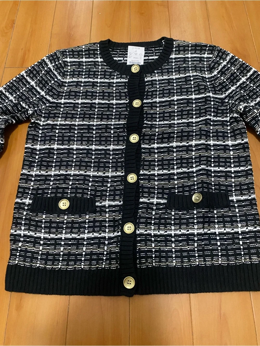 J. Crew Black and White Textured Plaid Cardigan with Gold Buttons